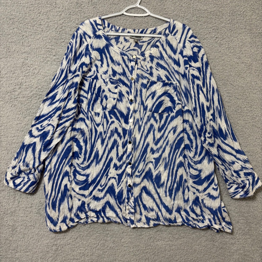 Coastal Relaxed 100% Linen‎ Blouse Plus Size 18W Blue White Button Front